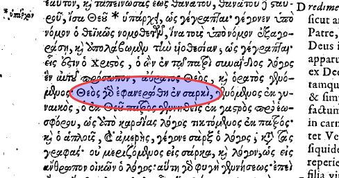 Dionysius of Alexandria citing 1 Timothy 3:16 as found in Concilia volume i column 853d